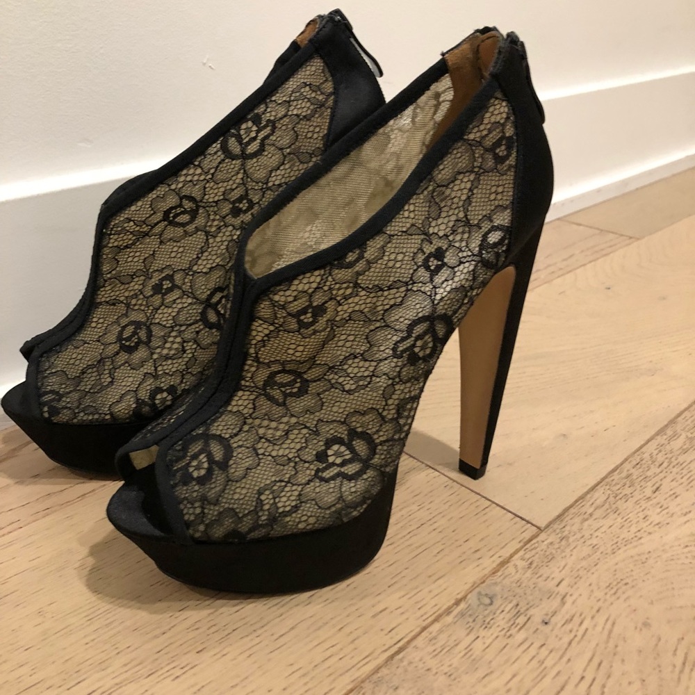 Bebe lace booties heels black satin platform 7 - Picture 4 of 7